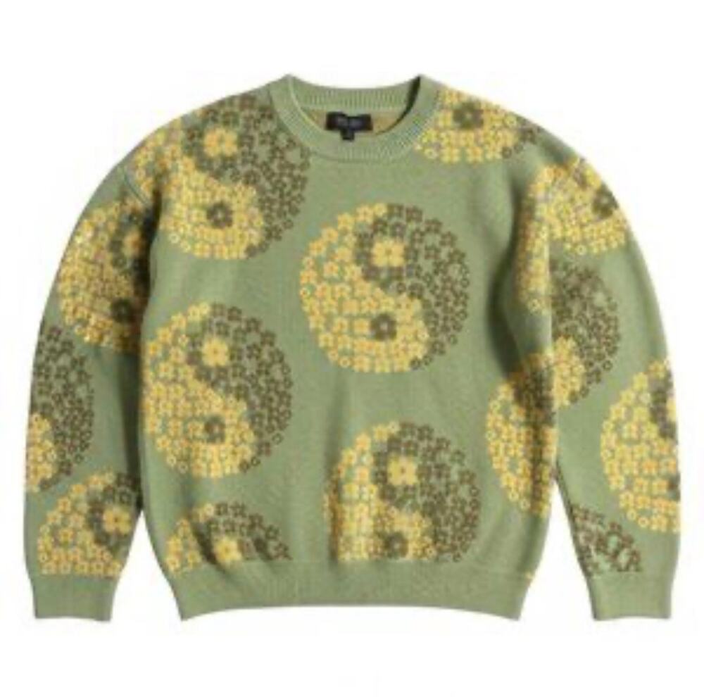 Witty Fox Women’s Green Yellow Yin Yang Knit Crewneck Pullover Sweater L